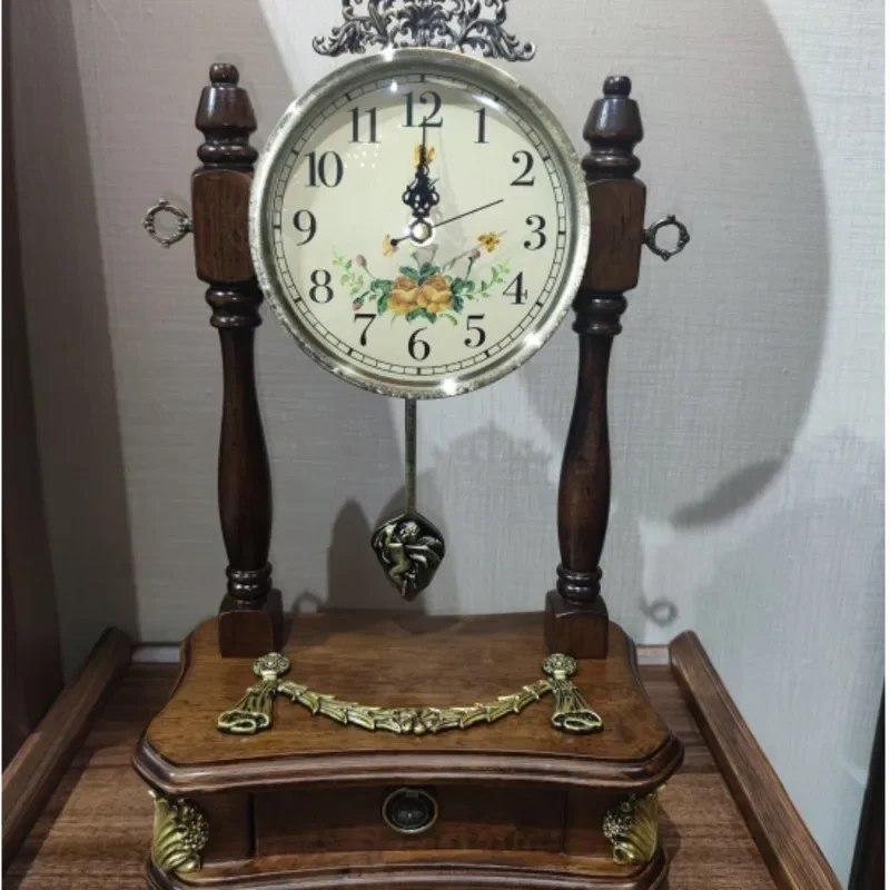 Retro Solid Wood Desk Seat Clock Large Table Clock European Type Silent Decorative Living Room Bedroom