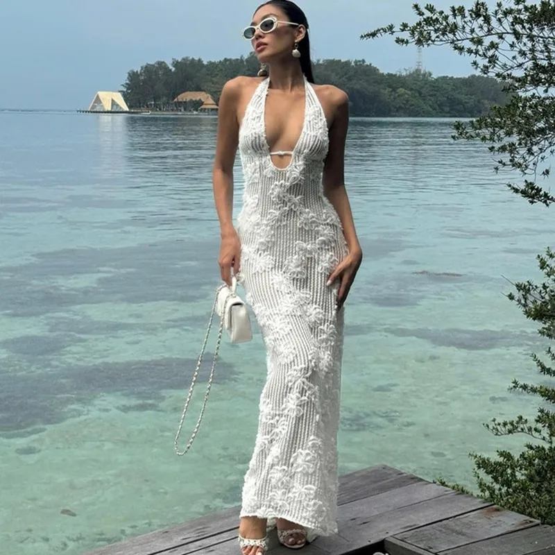 

Floral Embroidery Long Dress Women Summer Clothes Fashion Hollow Out Halter Sexy Dress Female Slim Beach Vacation Long Dresses