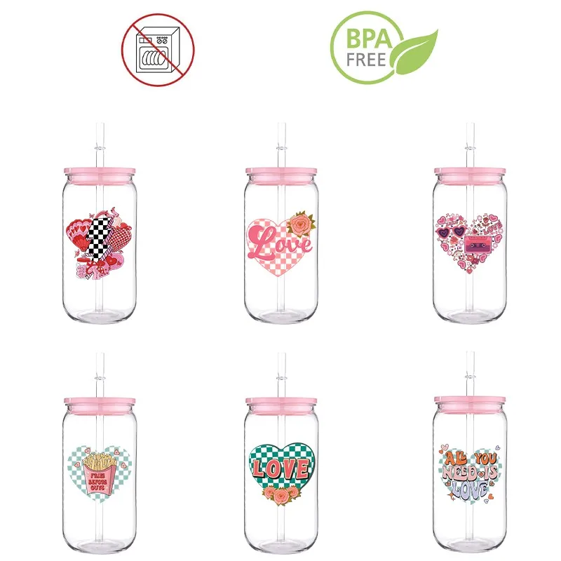 

3D DIY Love Design Printed Transfer BPA Free Plastic Straw Cup Comes With Sreaw And Cup Lid Can Milk Coffee Throw-Proof 16 OZ