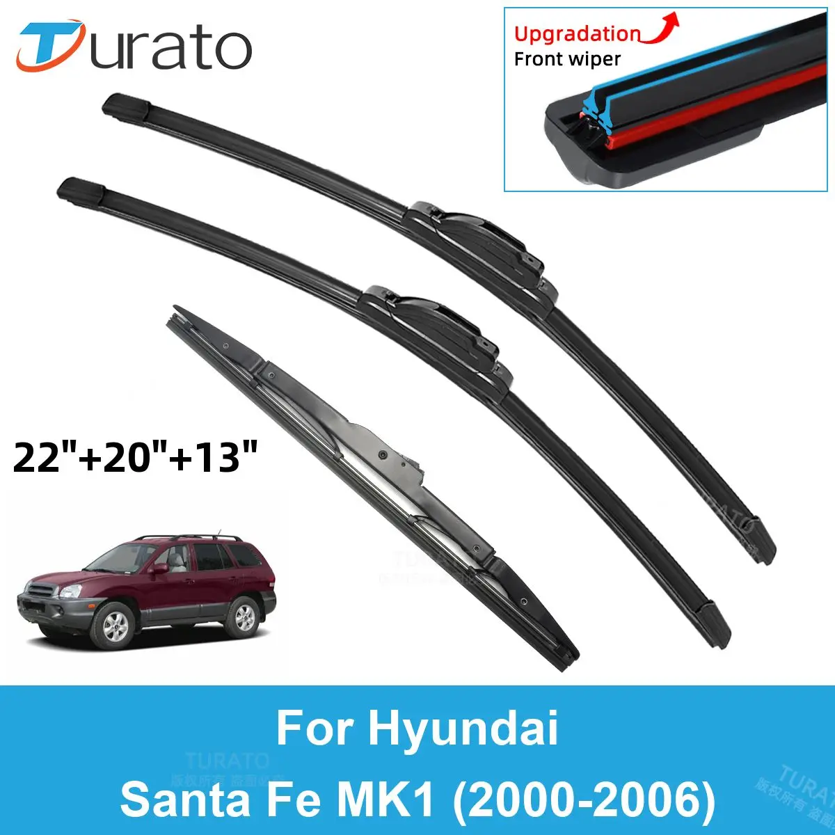 

3PCS Car Wiper Blades for 2000-2006 Hyundai Santa Fe MK1 Rear Windshield Wipers Double Rubber Car Accessories 2004 2005 2006