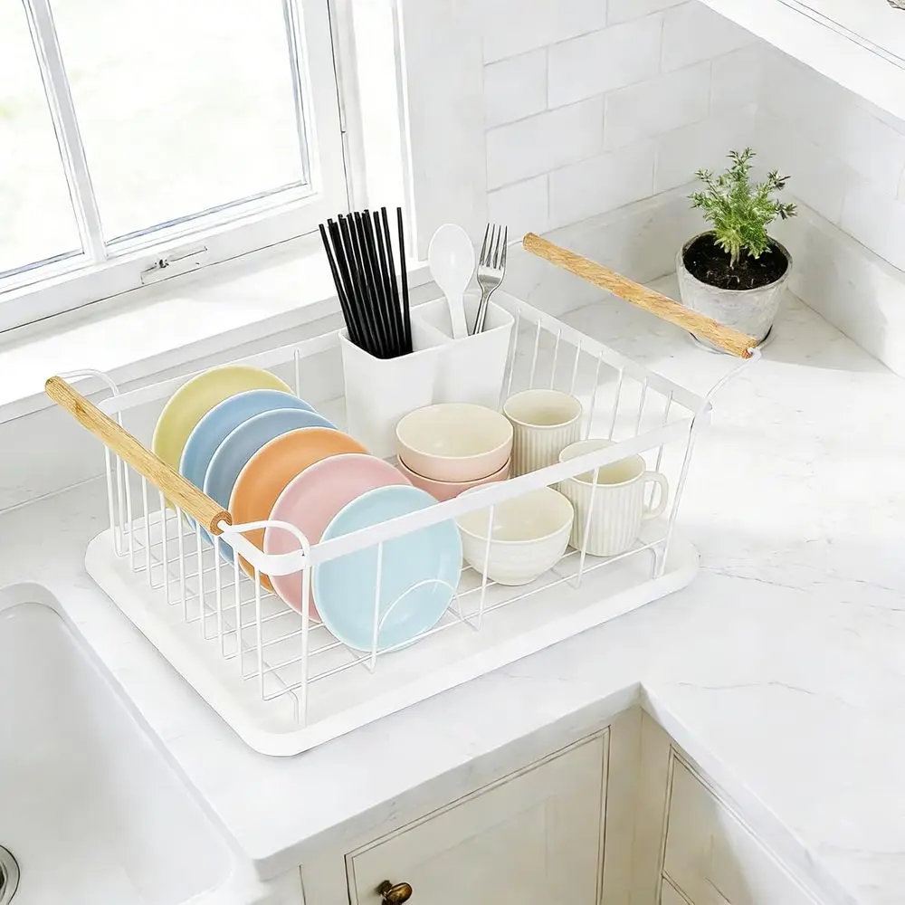 

Dish Racks or Kitchen Counter, Thickened Metal Dish Drying Rack with Wooden Handles, Kitchen Countertop Organizer or Dishes, Spo