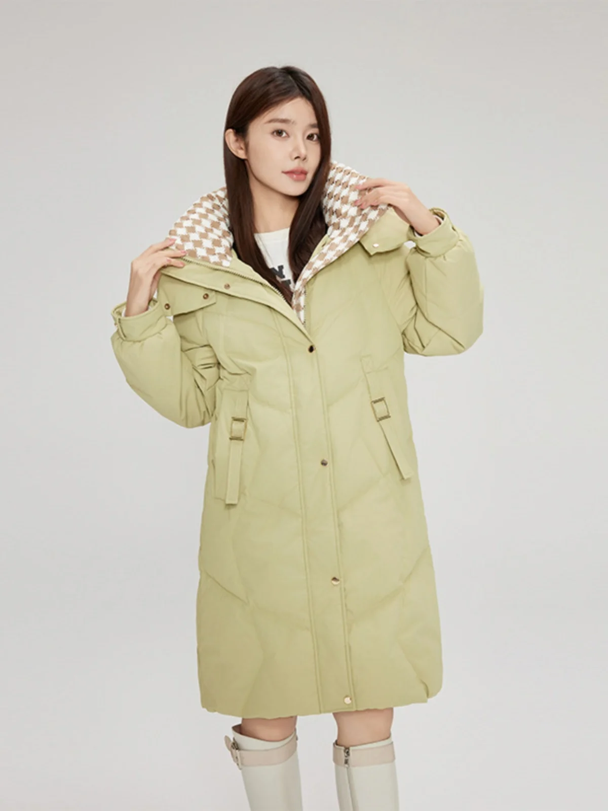 

Trendy Plaid Color Blo Cotton Jaet Women's Winter Warm Hooded Mid-Length Korean Sle Loose Outerwear Faionable Commute