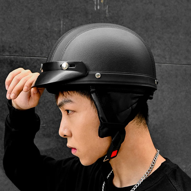 Vintage Leather Half-Helmet for Electric Vehicles and Motorcycles, Unisex, All-Season, Lightweight Leather Riding Safety Helmet, Includes Leather Goggles