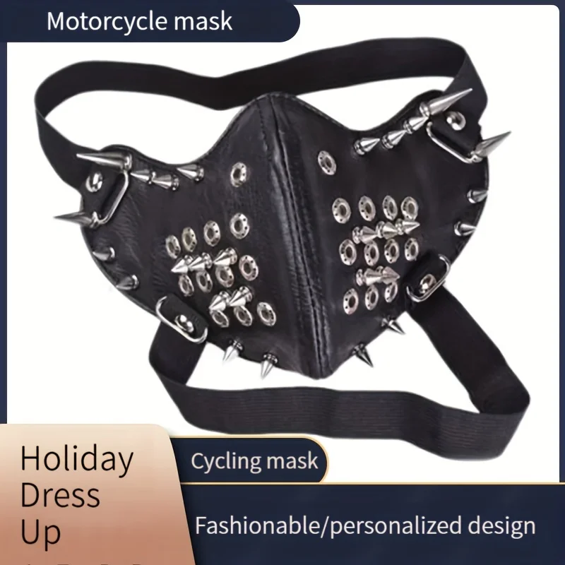 1pc Men's New Punk Black Exquisite Motorcycle Mask, Personality Cool Rock Spike Design Halloween Easter Adult Mask