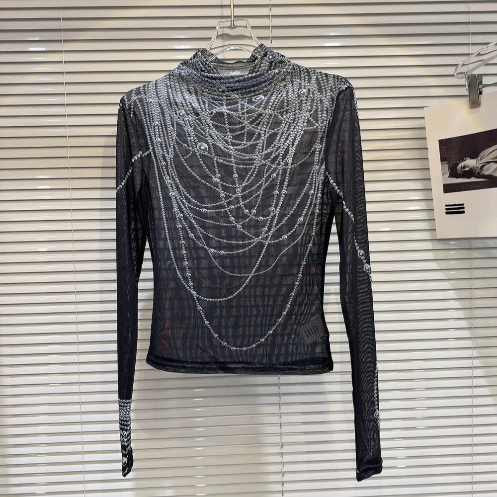 Sexy Tshirts Women's Clothing Turtleneck Long Sleeve Tunic Tees Chic Pearl Print Camisetas Y2k Tops See Through Gauze T-shirt