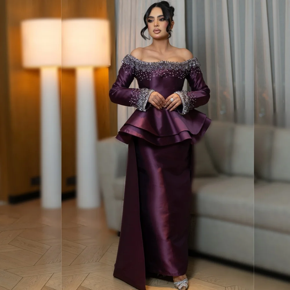 

Customized Elegant Rhinestone Straight Off-the-shoulder Long Dresses Glitter Violet Evening Dress Bespoke Occasion Party Gown