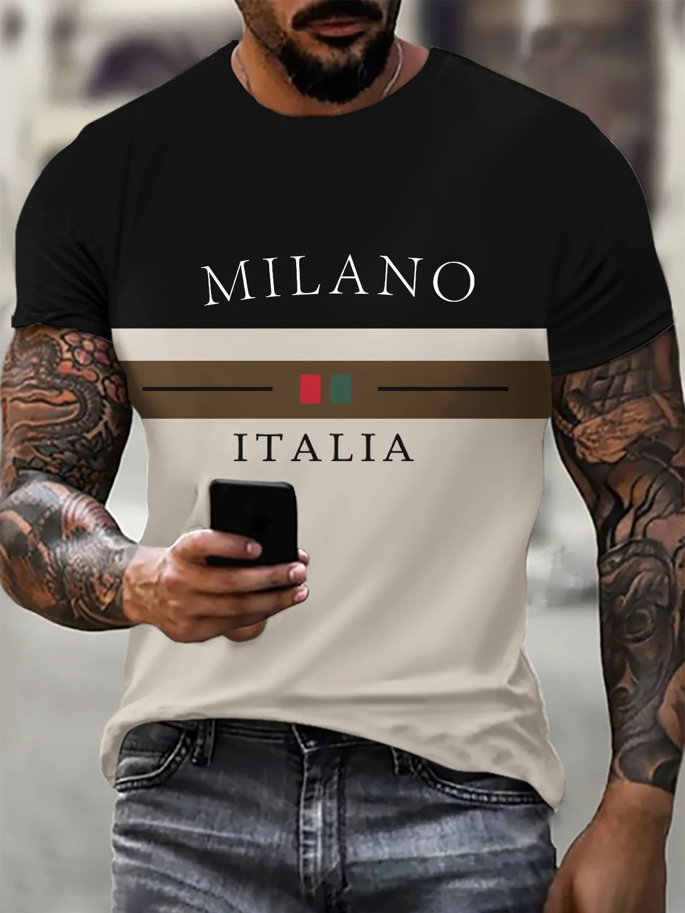 تي شيرت رجالي مطبوع عليه ميلانو إيطاليا، تي شيرت كاجوال برقبة دائرية من البوليستر، مقاس عادي، كم قصير، قماش مطاطي طفيف #1