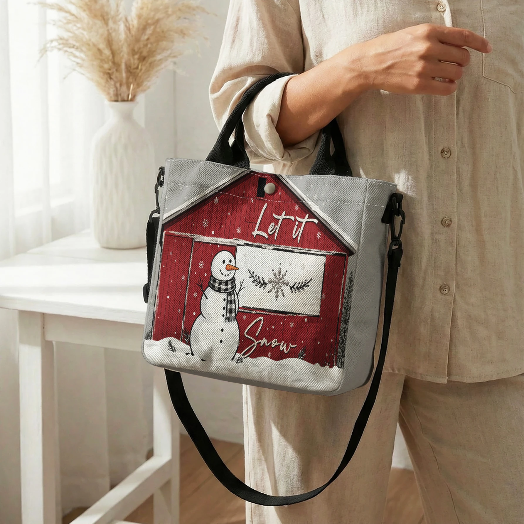 Let It Snow Snowman Red Barn Print Tote Bag, Detachable Strap Crossbody Handbag For Daily Work Shopping
