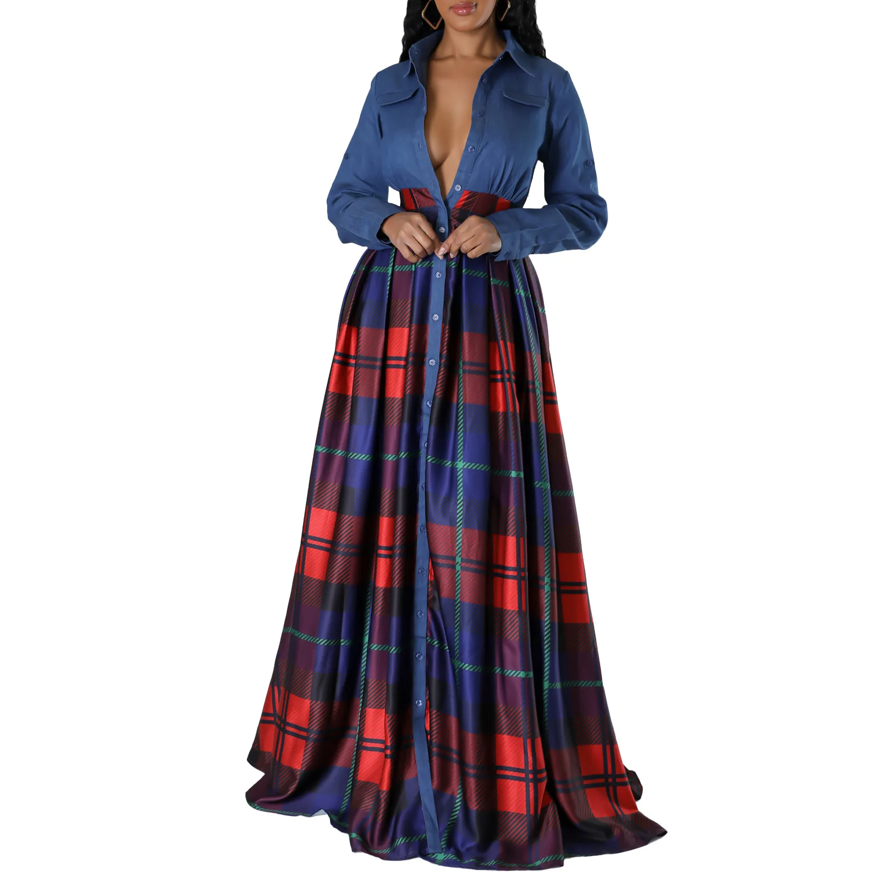 Women Fashion Casual Plaid Printed Lapel Neck Shirt Dress 2025 New Long Sleeves Patchwork Buttons Mxi Dresses Real Picture