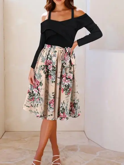 2025 Autunno Nuovo Slim Elegante a maniche lunghe con spalle scoperte Fiore Abito a trapezio con abito a maniche lunghe con giunture in colore a contrasto