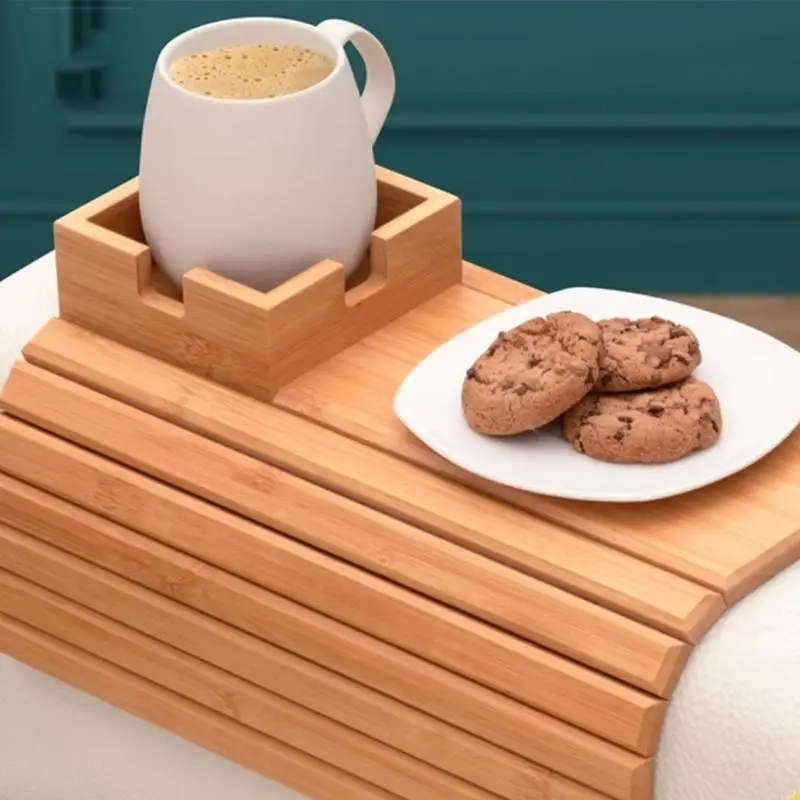 

Space Saving Sofa Arm Organizers Foldable Bamboos Tray With Antitip Design For Snacks Bowls Books Electronics 37JD