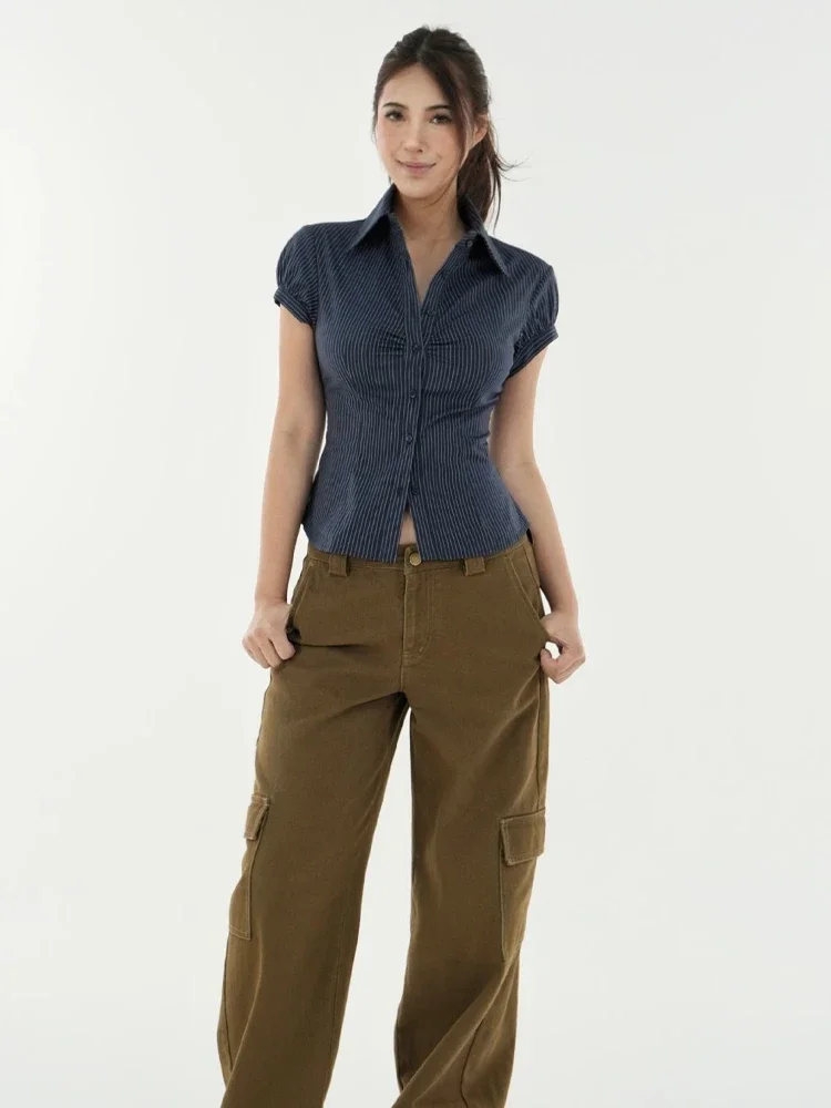 Vintage Damen-Bluse mit Karomuster, plissiert, 2023, Sommer, Y2k, ästhetisch, einreihig, figurbetont, T-Shirt, Harajuku, Grunge, Fee, abgeschnittene Blusas