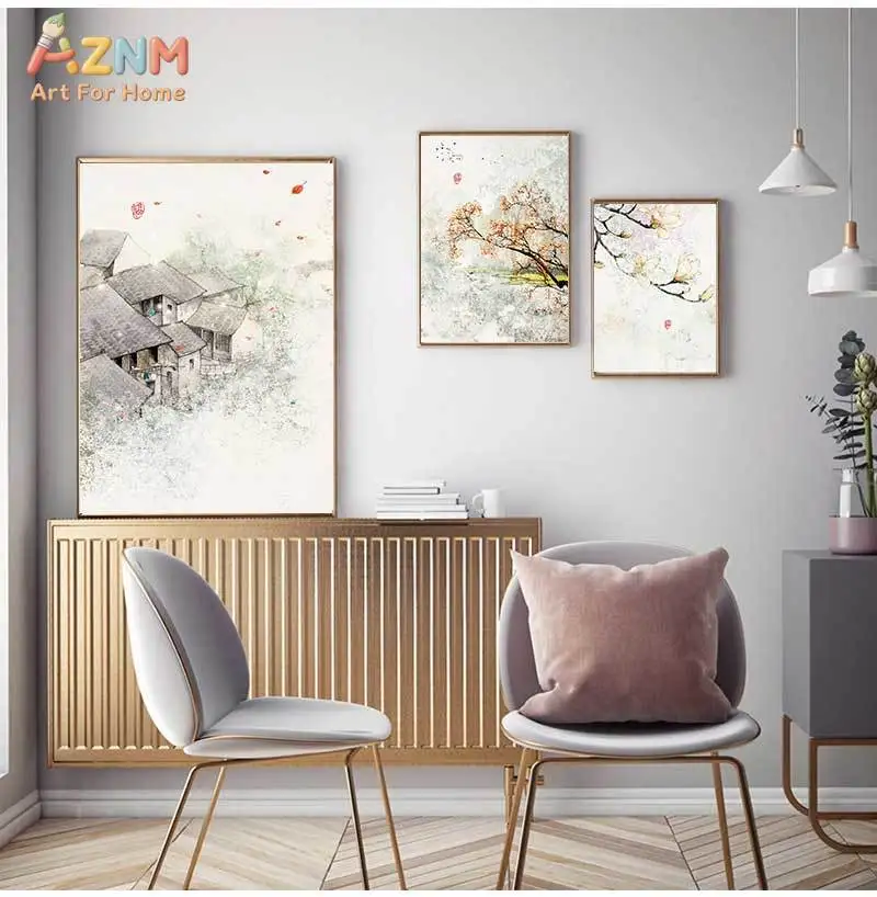 AZNM Traditional Chinese Ink Wash Landscape Canvas Wall Art, Magnolia Blossom Village Watercolor Print, Frameless Oriental Asian