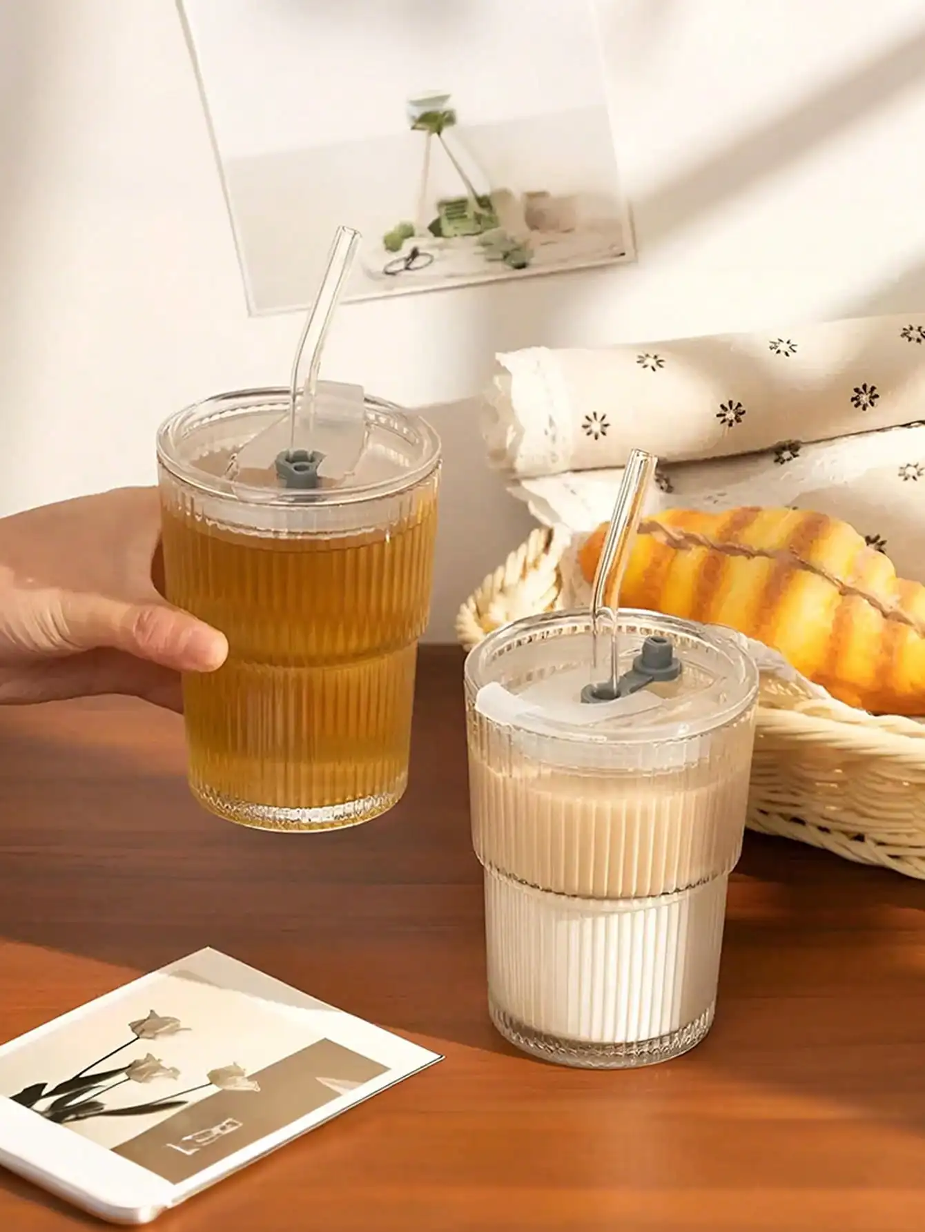 6pcs 350ml Glass Cups (12oz) - With Lids/Straws, Durable Reusable, For Drinks, Home/Office, Holiday Gift