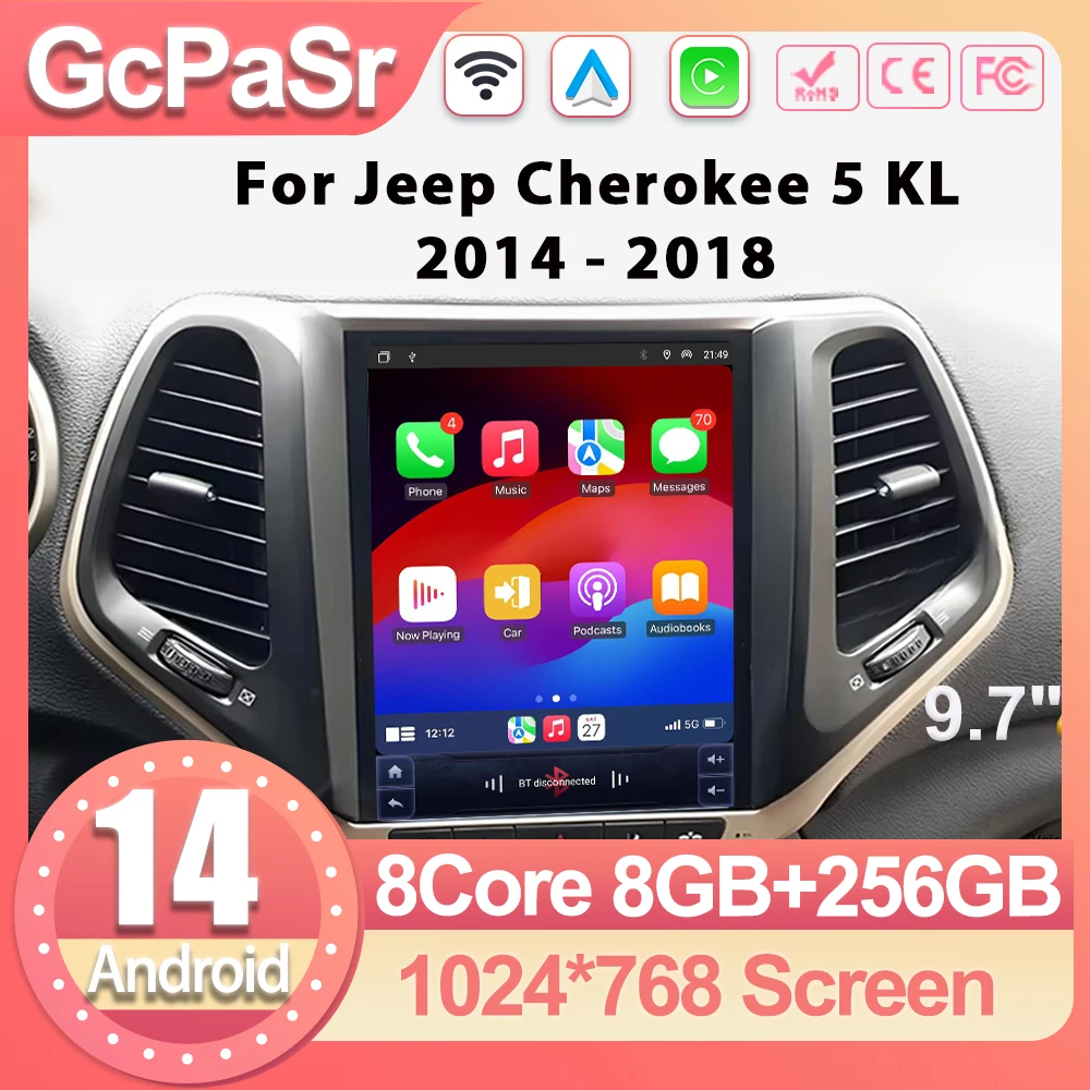 

9.7" For Jeep Cherokee 5 KL 2014 - 2018 Android14 auto Car Radio Multimedia Video Player Navigation stereo 4G BT WIFI Stereo GPS