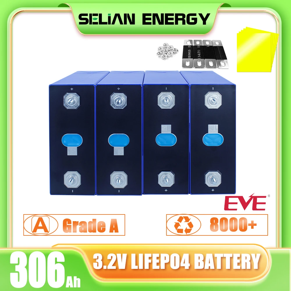 EVE 306Ah LiFePO4 Cells MB30 Grade A Battery 3.2V Lithium Iron Phosphate Rechargeable Battery with QR Code Screws and Bus Bars