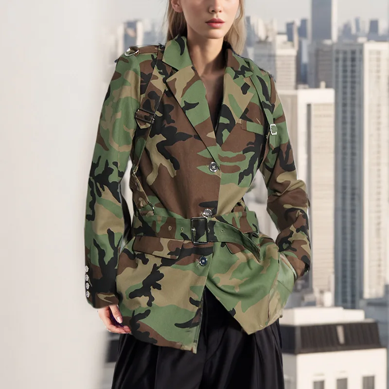 

Camouflage Women Suit 1 Piece Blazer With Belt Sexy V Neck Formal Office Lady Work Wear Spring Cotton Jacket Coat Prom Dress