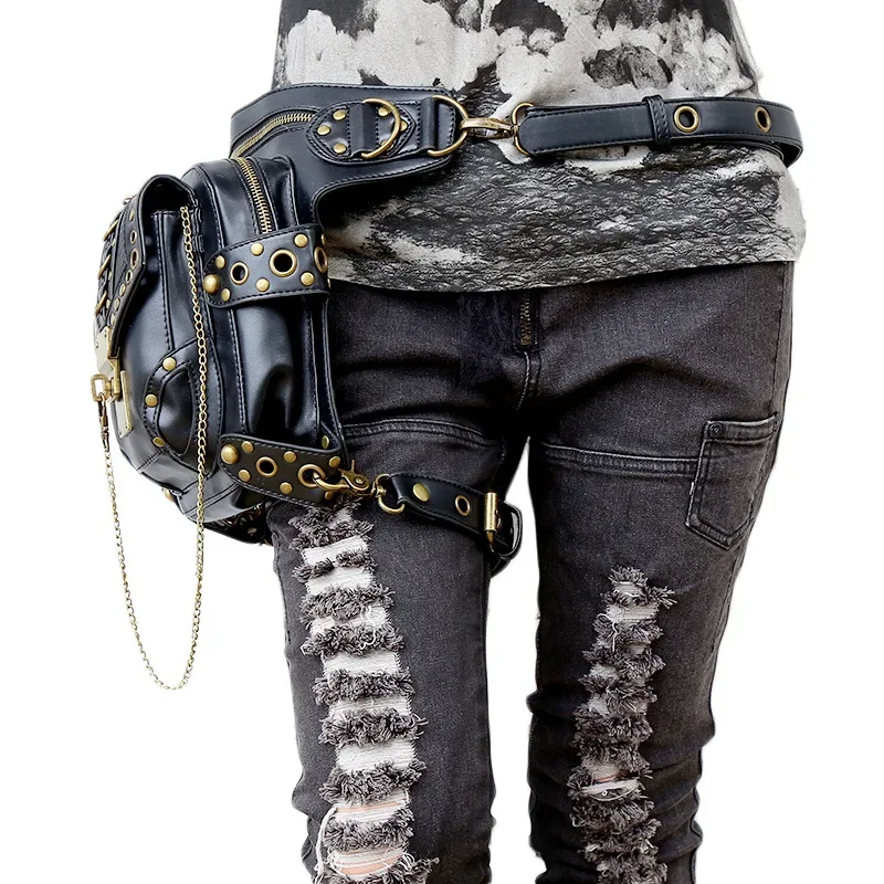 Retro SteamPunk Leder Taille Tasche Serpentin Umhängetasche Rock Männer Frauen Gothic Schwarz Fanny Packs Mode Motorrad Bein Taschen