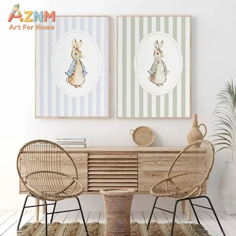 AZNM Nordic Cute Bunny Pushing Flower Cart Reading Poster Print Denim Bunny Hot Air Balloon Floral Glasses Art Home Room Decor