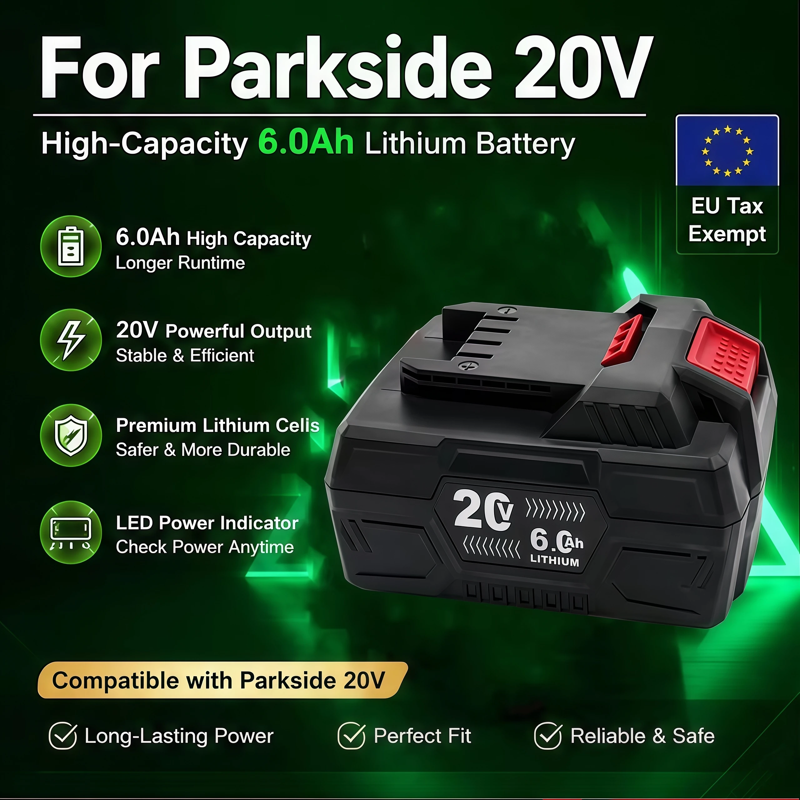 20V 6Ah Hochleistungs-Lithium-Ionen-Akku, für Parkside X20V Elektrowerkzeug-Akku-Ersatz, PAP 20 B3 A1 PAPS 208 A1 Modell, Geeignet für Gartenwerkzeuge, Bohrgeräte, Rasenmäher, Kettensägen