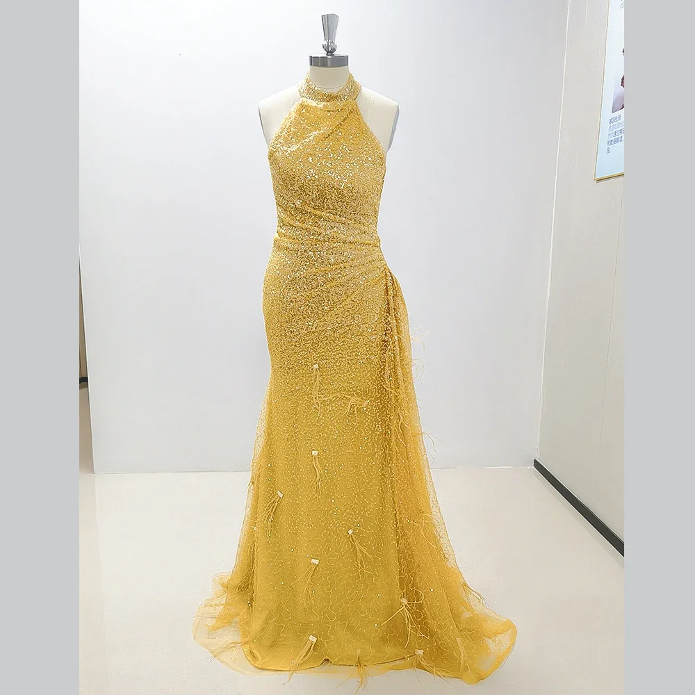 Shiny Sequined Yellow Evening Dresses Fashion Halter Feathers Mermaid Cocktail Prom Gowns Sweep Train Women Party Dresses