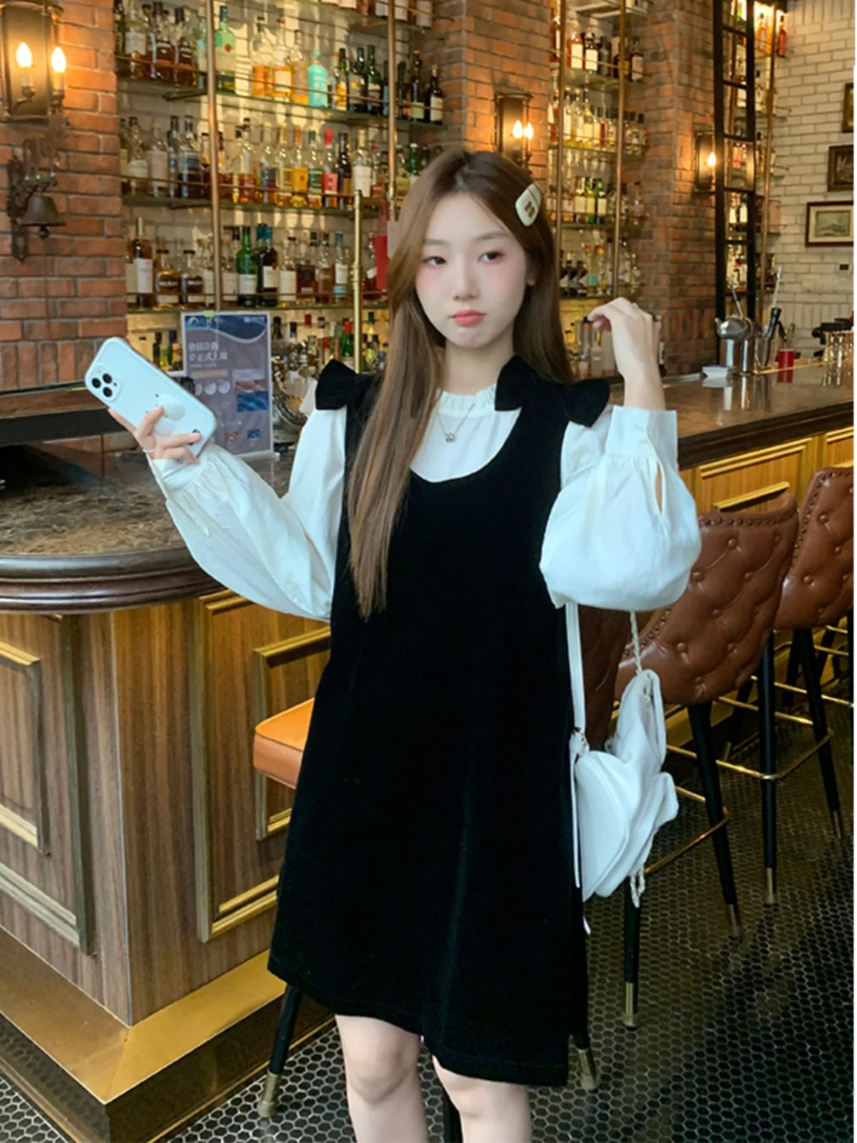 

plus Size Autumn New Style Shirt Collar Velvet Dress with Knot Wooden Long Sleeve Women's Fashion Set Two Pieces