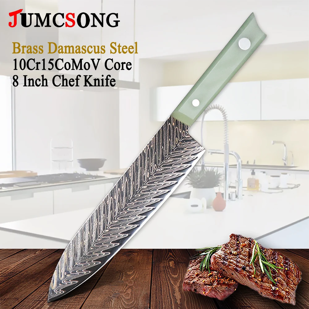 

JUMCSONG Sharp Copper Brass Damascus Steel Kitchen Knife Professional Chef Knife Cooking Salmon Sashimi EDC Tool G10 Handle