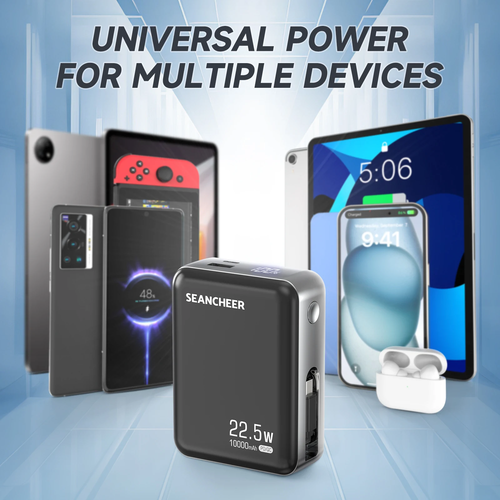 미니 휴대용 충전기, 22.5w 고속 충전 접이식 USB-C 케이블이 포함된 10000mAh 보조베터리, iPhone 16/15용 USB C 입력/출력