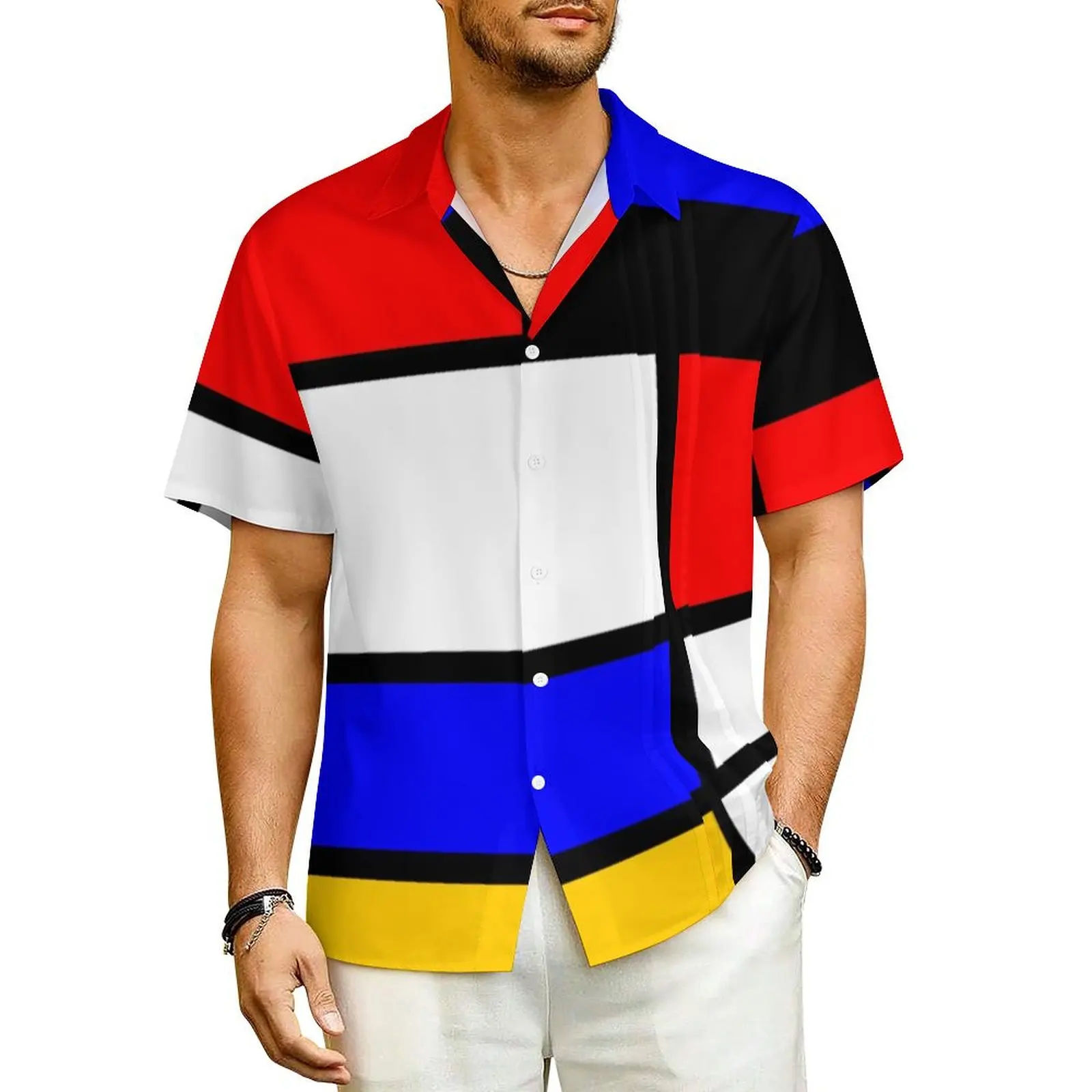 

Multi Geometric Hawaii Shirt For Male Vacation Art Mondrian Style Casual Shirts Short Sleeve Stylish Trendy Plus Size Blouses