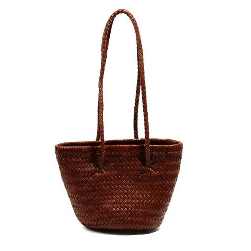 Vintage Cowhide Head Layer Braided One Shoulder bucket Bag  leather Handmade Vegetable Basket Bag Travel Beach Tote Bag