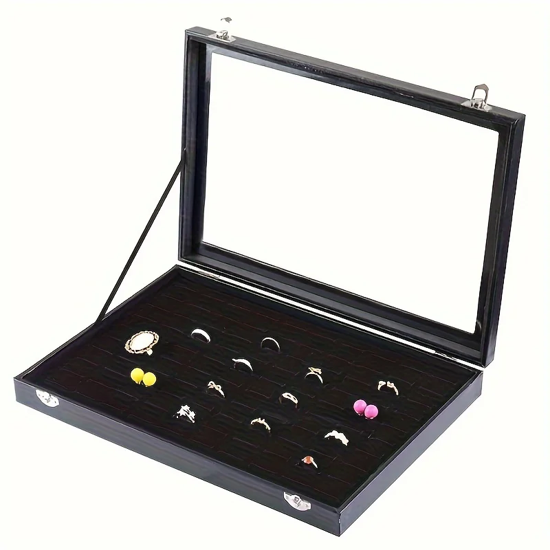 Velour and Jewelry Ring Organizer Box with Clear Glass Lid Dust-Proof 100-Slot Tray for Rings, Earrings box