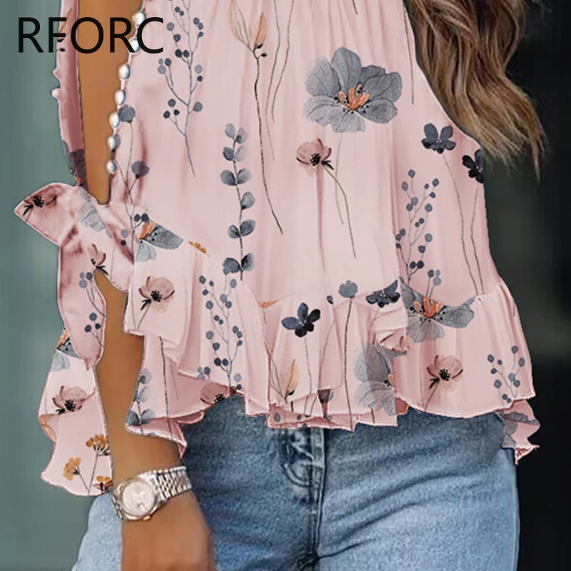 2024 Women Ruffle Hem Long Sleeves Round Neck Allover Print Rhinestone Decor Sleeves Vacation Blouse Top