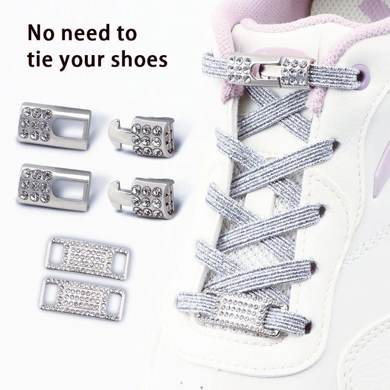 New Silver Diamond Buckle Shoelaces Without Ties Glitter Elastic Laces Sneakers Tennis No Tie Shoe Laces Flat Shoelace for Shoes