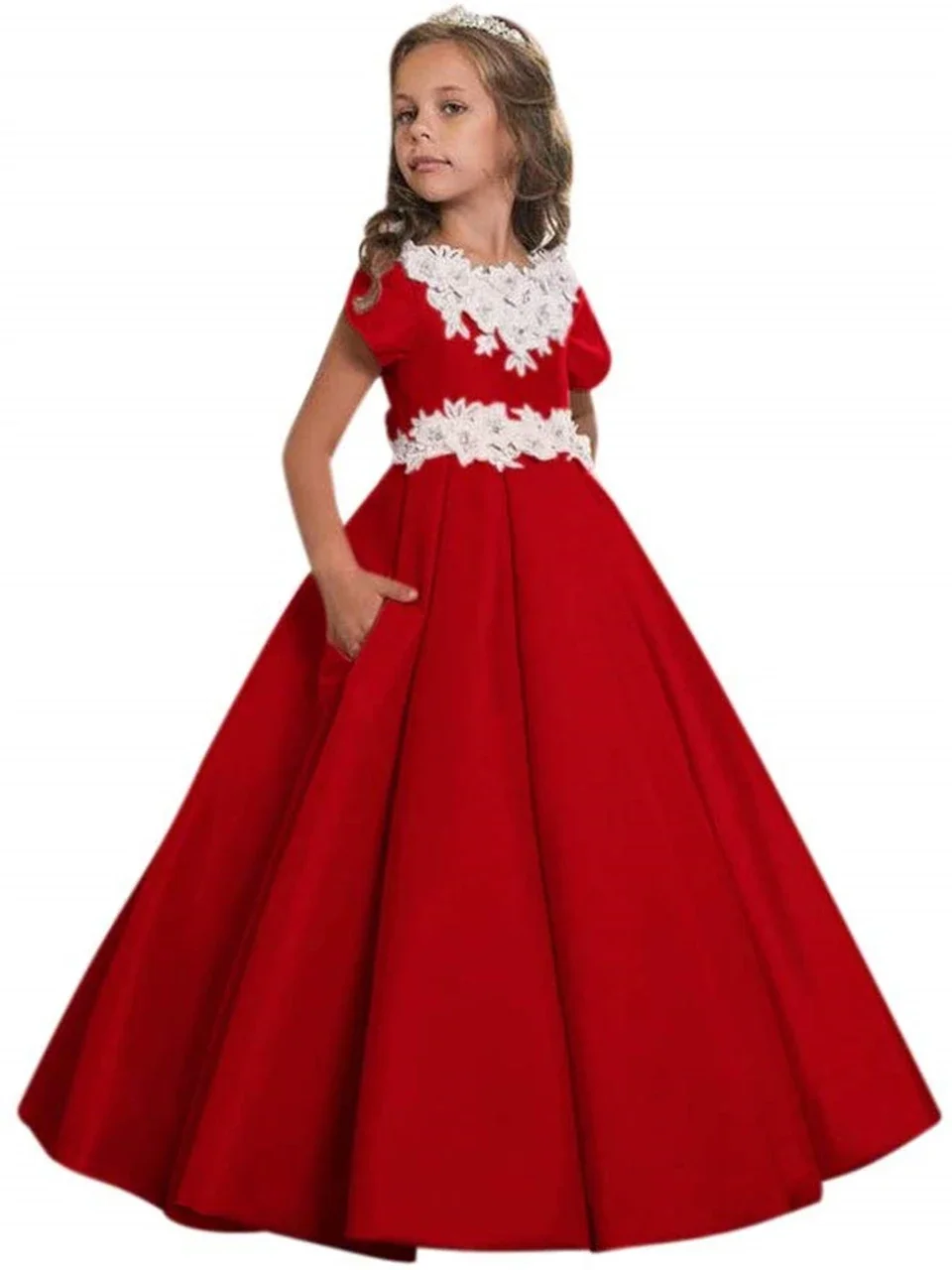 Długie aplikacje sukienki dla dziewczynek na wesela druhna impreza pierwsza komunia z krótkim rękawem korowód suknie na bal maturalny z kieszeniami