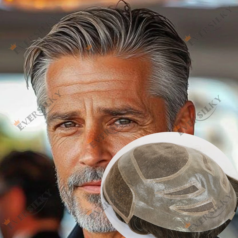 

Необнаружимые отбеленные узлы Versalite, кружевная передняя часть, мужской парик из искусственной кожи, темно-коричневый, серый 210 # 540 # Человеческие волосы швейцарские кружевные протези