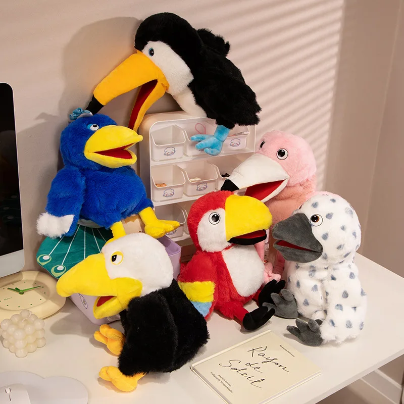 Marioneta de mano de felpa de animales de dibujos animados de 35cm, águila calva, pavo real, loro, Toucan, flamenco, búho, juguete interactivo, regalo de peluche