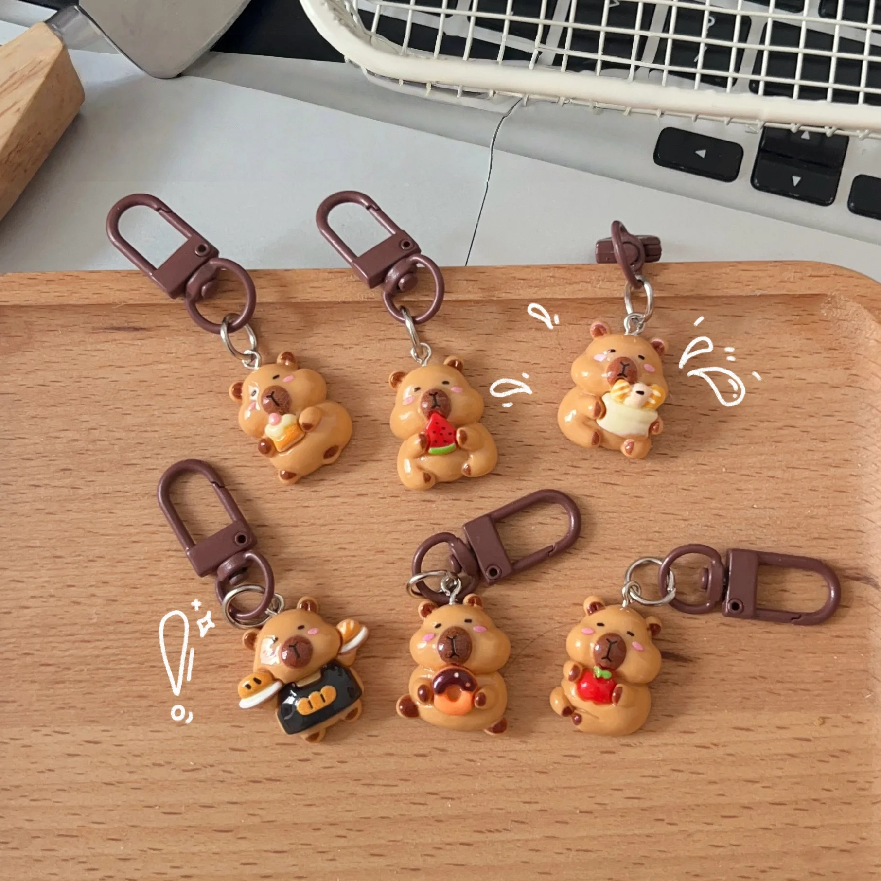 Cute Capybara Keychain Foodie - Eating Baguette Bread Apple Watermelon Donut Cake, Kawaii Pendant for Bag Car Keys Gift