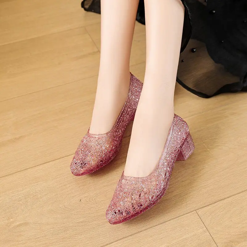 2024 New Crystal Sandals Women's Lightweight Outwear Thick Heels Anti-slip Soft Sole Summer Hole Shoes sandalias Mujer