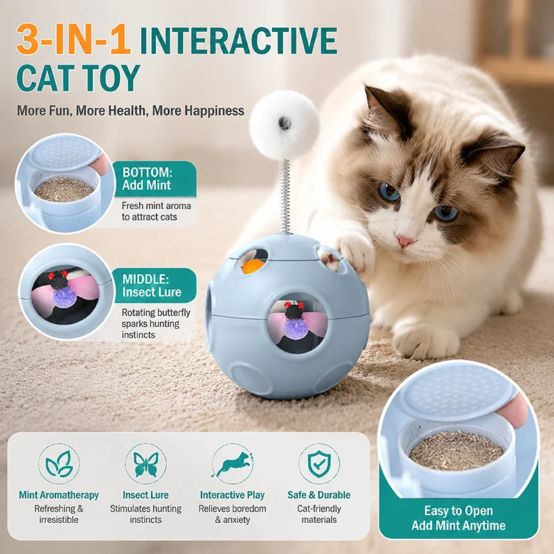

Interactive Cat Tumbler Catnip Toy Spring Plush Ball Insect Teaser Roller Track Ball Catnip Cat Toy Kitten Indoor Play