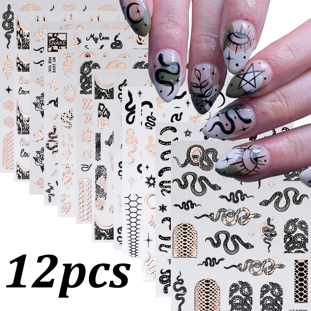 

12pcs Snake Halloween Nail Stickers 3D Rose Gold Black Snake French Nail Decals Decoration Y2K Adhesive Serpent Manicure Sticker
