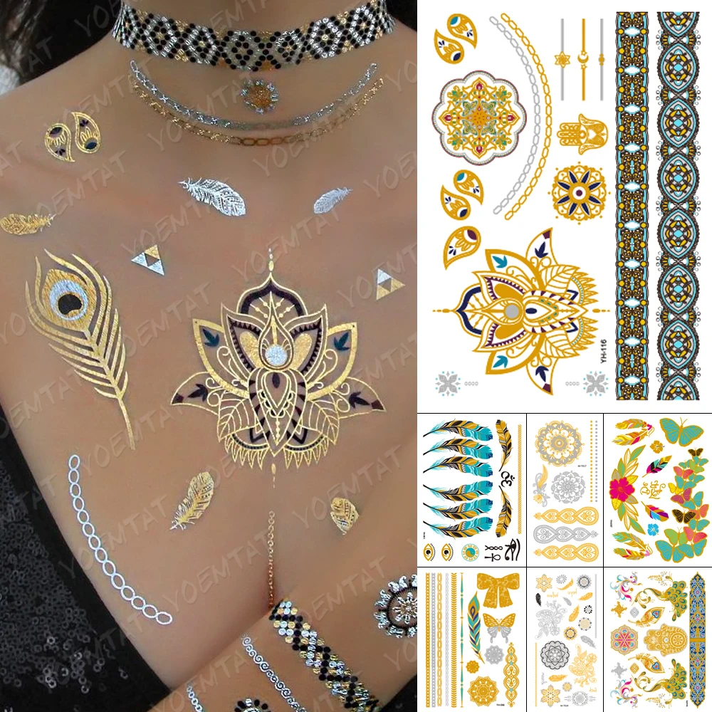 

Waterproof Temporary Tattoo Sticker Lotus Henna Mandala Feathers Gold Silver Metallic Tatoo Boho Flower Jewelry Glitter Body Art