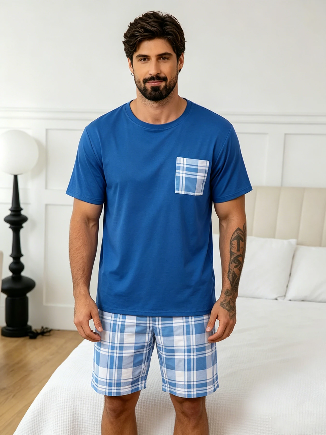 Pyjama-Set mit Buchstaben-Bär-Aufdruck, kurzärmliges Oberteil und lockere Shorts, atmungsaktiver Stoff, große Passform, Herren-Loungewear, Nachtwäsche, Pjs – Detail 19