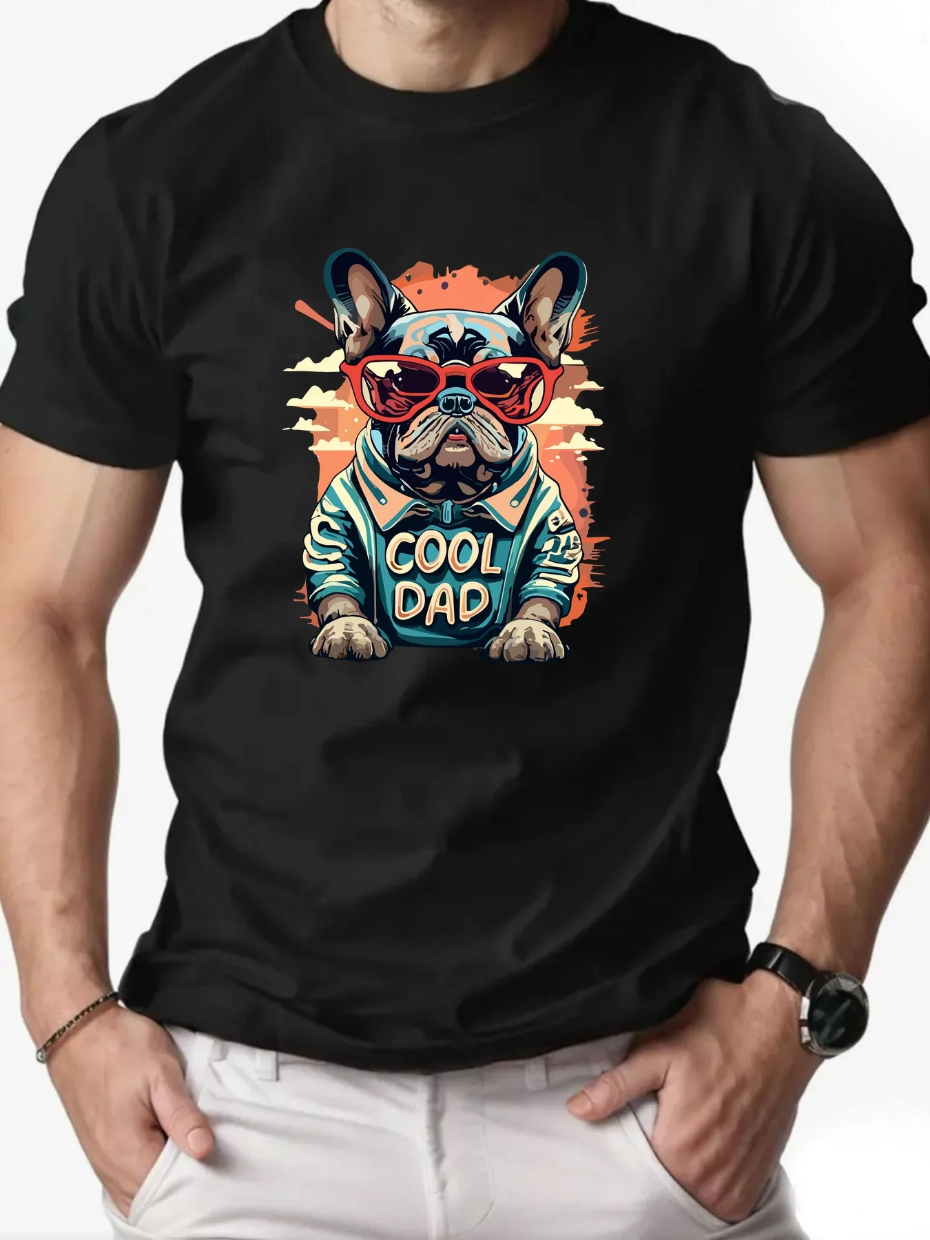 Cool Dad French Bulldog Print Men's T-shirt Funny Dog Lover Graphic Cotton Short Sleeve Tee Casual Tops