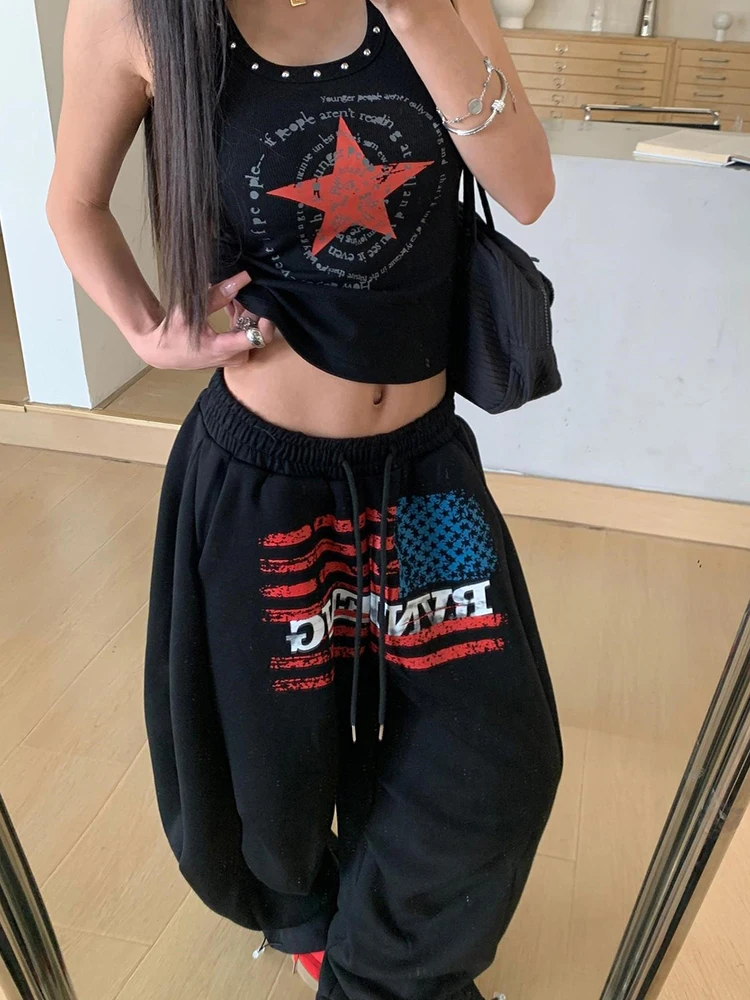 American Hip-Hop Casual Pant High Street Gothic Print Design Elastic Waist Wide-Leg Pants Sports Skateboard Basketball Trousers