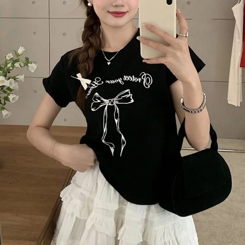 

Summer Y2k Basic Short Sleeve T-shirt for Women Streetwear Loose Tops Female Casual Harajuku Round Neck Bow Print Tee