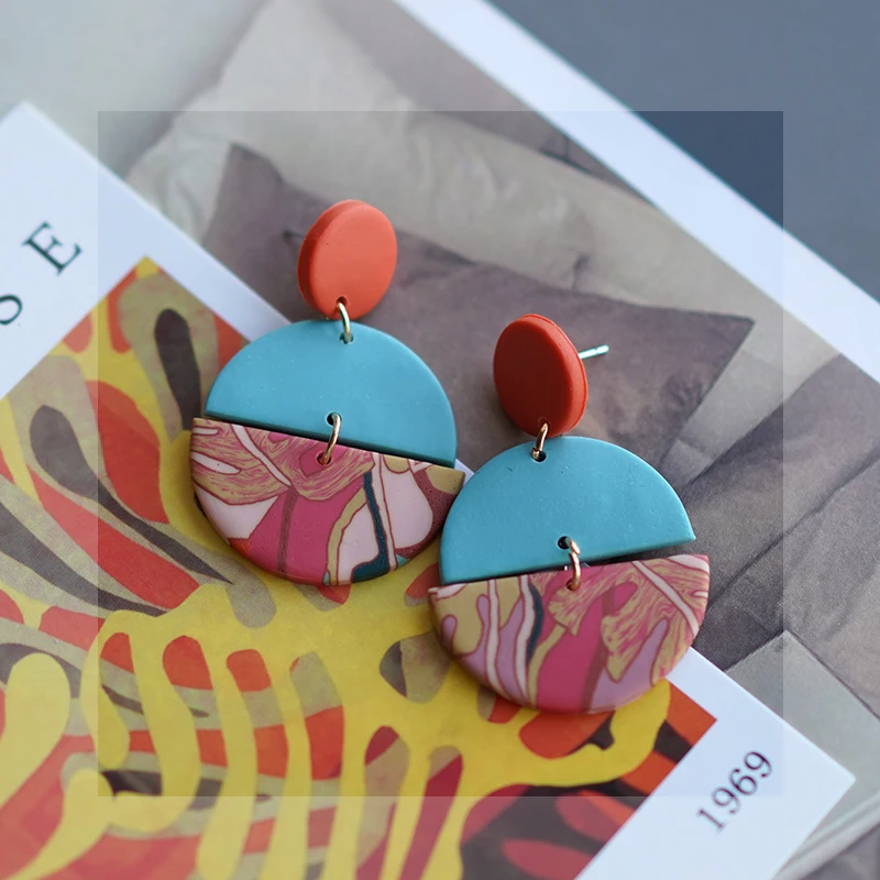Art Floral Vintage Abstract Pattern Handmade Polymer Clay Earrings Set for Women Big Size Long Dangle Multi Shapes Warm Colors