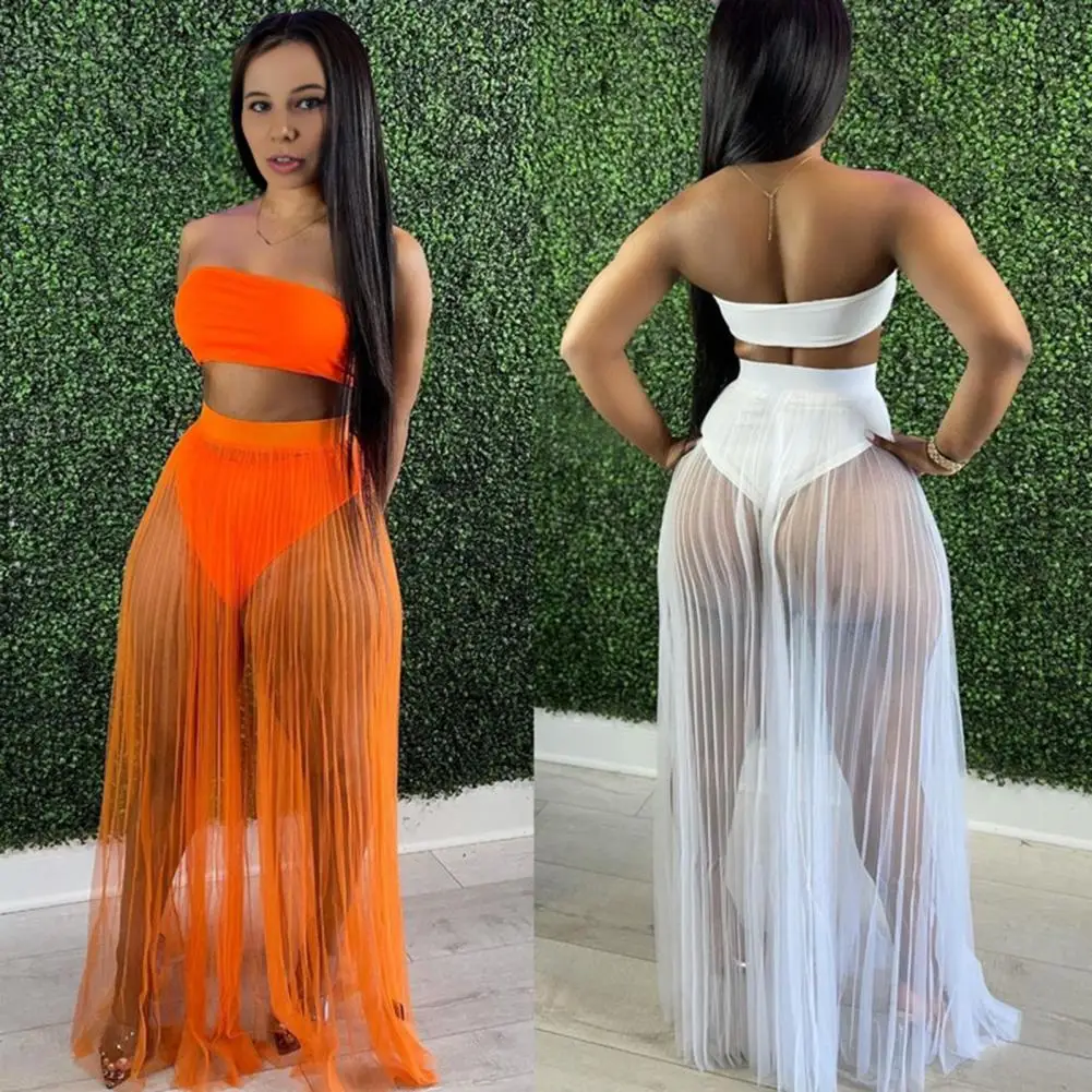 

Mesh Backless 2 Piece Set Women Bandeau Crop Top See Through Crop Tops+Loose Elegant Long Skirts Vacation Trend Outfits