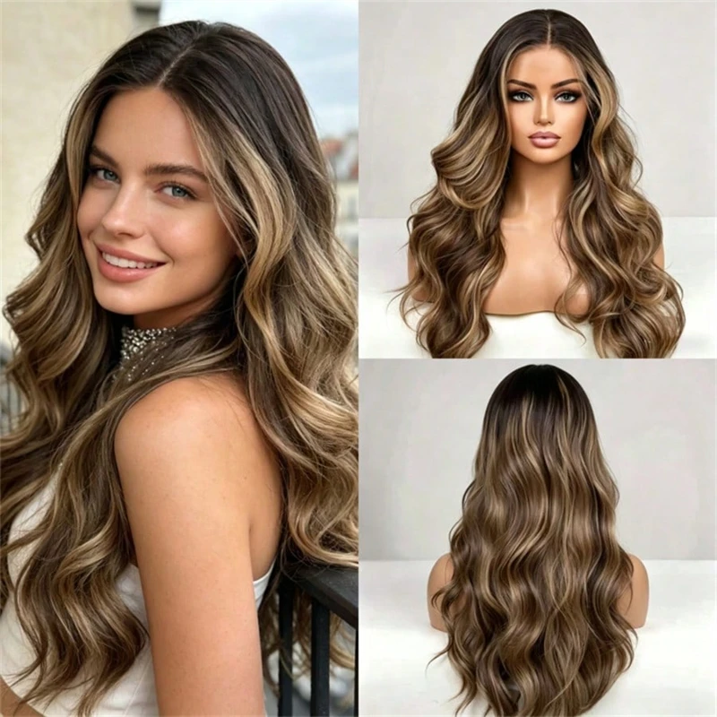 high-density-wig-middle-part-ombre-brown-with-blonde-streaks-highlights-synthetic-lace-front-wig-natural-preplucked-hairline