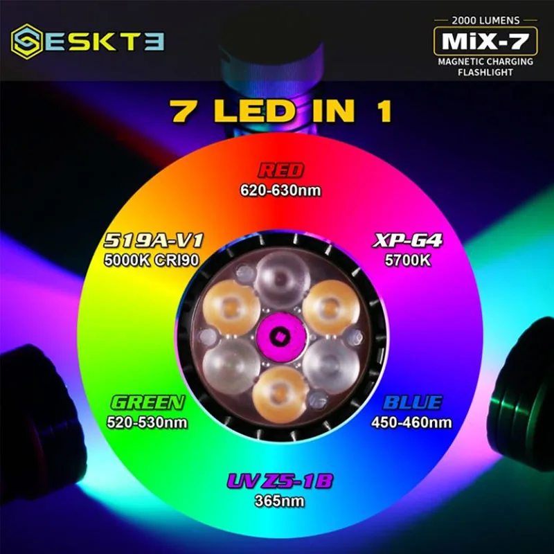 SKILHUNT-Lanterna LED de Carregamento Magnético, ESKTE, MiX-7 Gen 2, Multi-Color 2000 Lumens, 18350