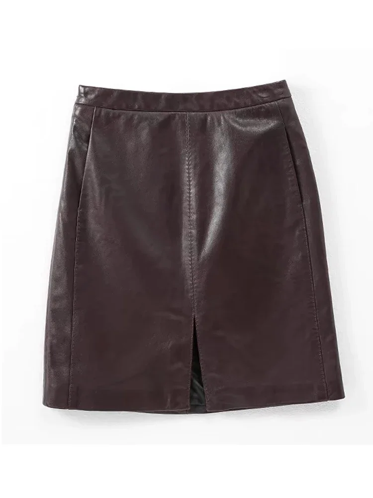 TOP Grade Women Skirts Ladies 100% Sheepskin Leather Jupe Femme Front Split Sexy Wrap Saias Mujer Mid-Length Burgundy Faldas